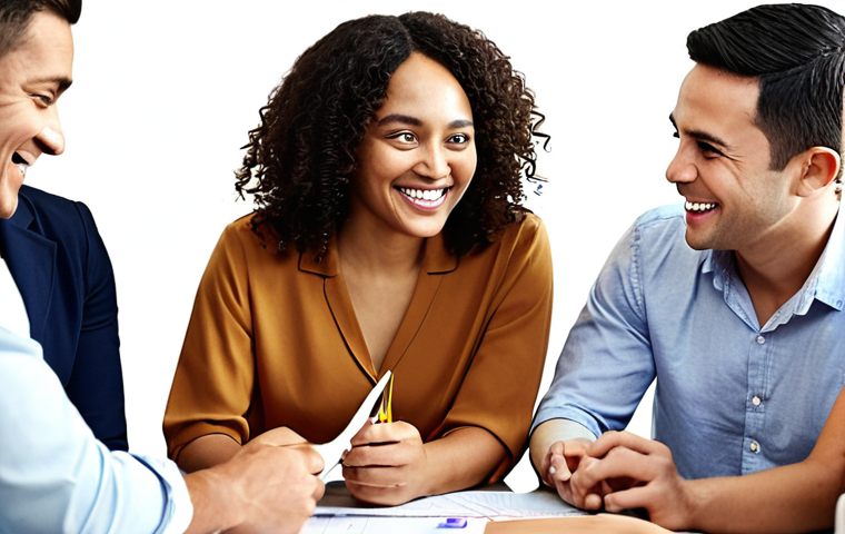 **Multicultural workplace:** A diverse group of colleagues from different ethnic backgrounds are working together in an office setting, smiling and collaborating on a project. The atmosphere should feel inclusive and supportive.