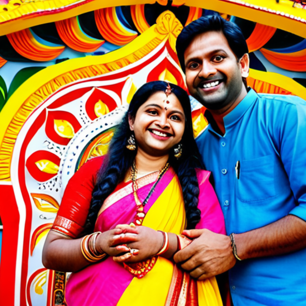 **
A Bengali family (father, mother, child) fully clothed in traditional attire, celebrating Durga Puja in a vibrant, colorful pandal. The scene includes intricate decorations, joyful expressions, and offerings. Safe for work, appropriate content, fully clothed, professional, modest, family-friendly, perfect anatomy, correct proportions, natural pose, well-formed hands, proper finger count, natural body proportions.
**