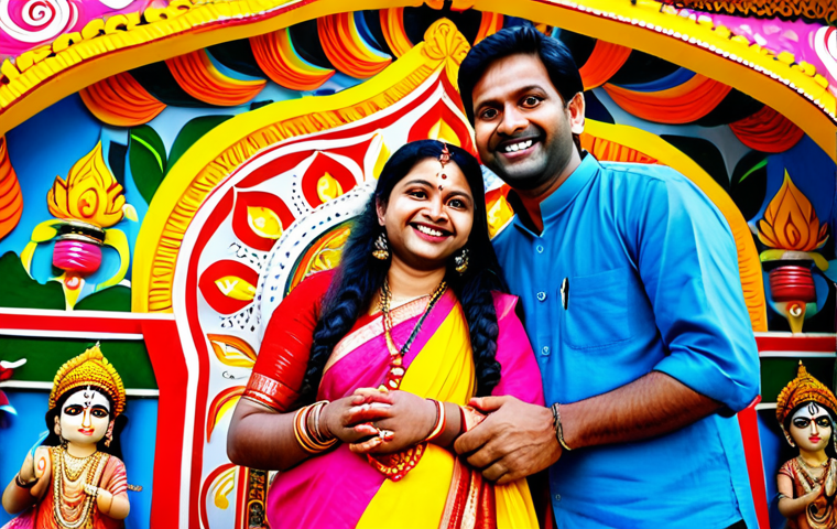 **

A Bengali family (father, mother, child) fully clothed in traditional attire, celebrating Durga Puja in a vibrant, colorful pandal. The scene includes intricate decorations, joyful expressions, and offerings. Safe for work, appropriate content, fully clothed, professional, modest, family-friendly, perfect anatomy, correct proportions, natural pose, well-formed hands, proper finger count, natural body proportions.

**
