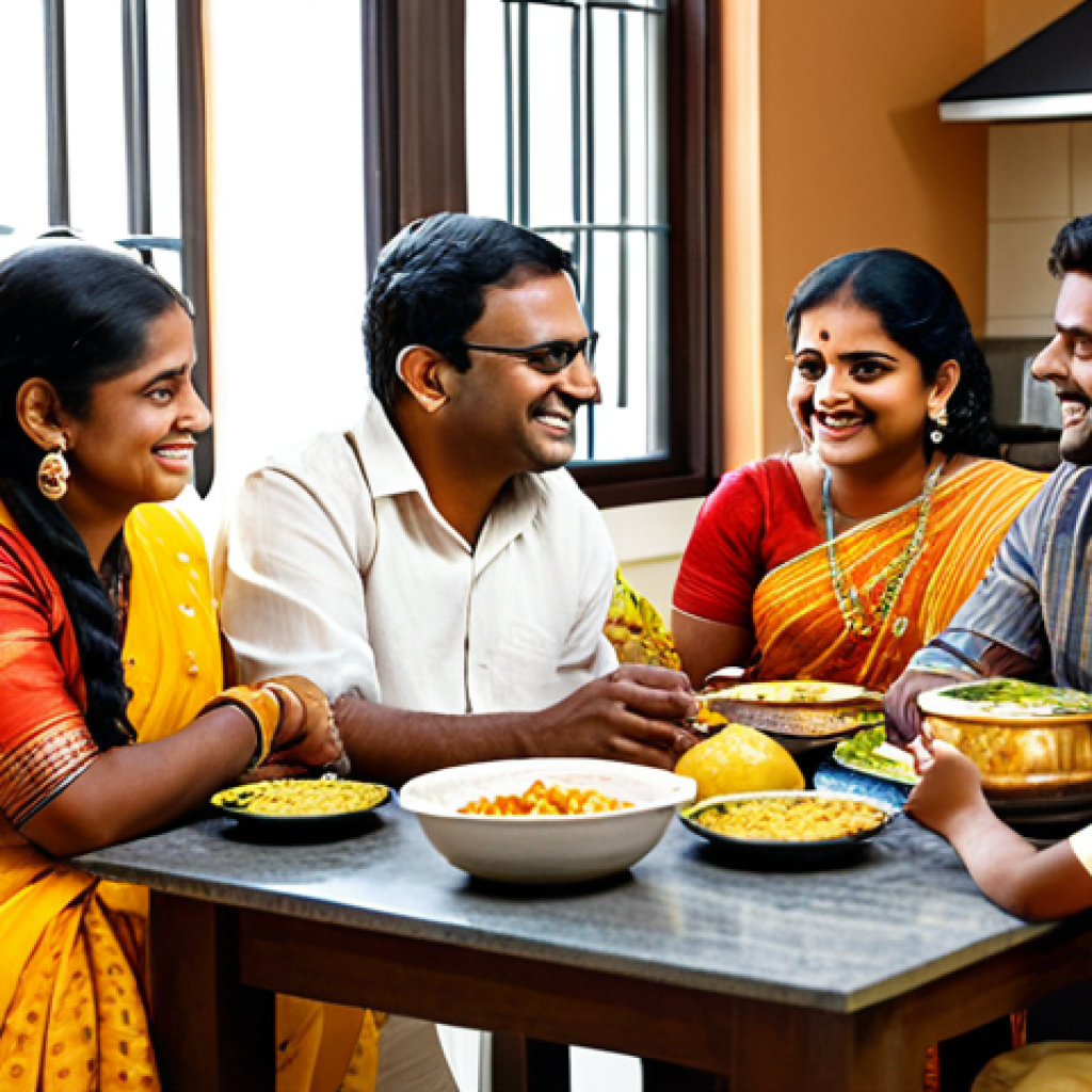 **

A warm, inviting scene of a Bengali family fully clothed in traditional attire (sari, kurta) sharing a meal with a diverse group of friends in a modern, sunlit kitchen. Safe for work, appropriate content. The setting is decorated with both Bengali and Western cultural elements, symbolizing cultural integration. The family smiles warmly. Perfect anatomy, natural proportions, family-friendly, high quality.

**