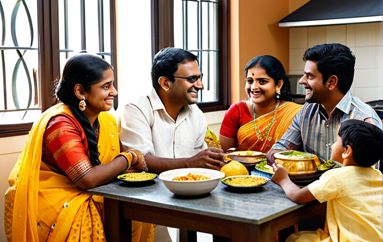**

A warm, inviting scene of a Bengali family fully clothed in traditional attire (sari, kurta) sharing a meal with a diverse group of friends in a modern, sunlit kitchen. Safe for work, appropriate content. The setting is decorated with both Bengali and Western cultural elements, symbolizing cultural integration. The family smiles warmly. Perfect anatomy, natural proportions, family-friendly, high quality.

**