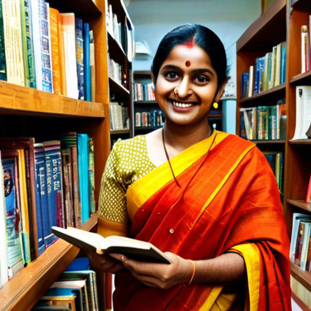 "A Bengali woman in a traditional saree, fully clothed and appropriate attire, browsing a bookstore filled with books in various languages, including English and Bengali. The bookstore has a warm and inviting atmosphere, with soft lighting and wooden shelves. She is smiling gently, suggesting a sense of discovery and cultural integration. Safe for work, family-friendly, professional photography, perfect anatomy, natural proportions, modest."