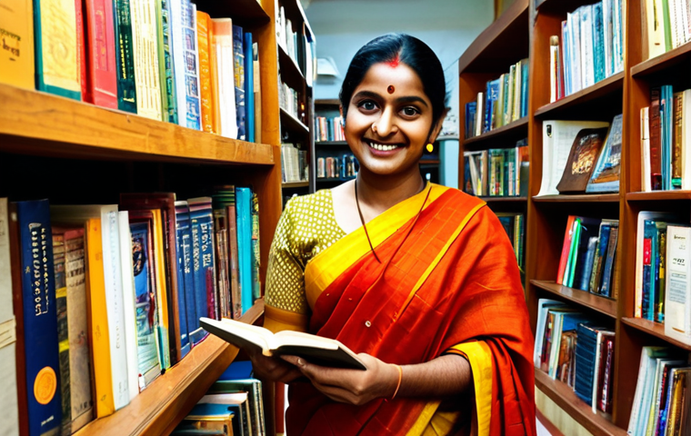 "A Bengali woman in a traditional saree, fully clothed and appropriate attire, browsing a bookstore filled with books in various languages, including English and Bengali. The bookstore has a warm and inviting atmosphere, with soft lighting and wooden shelves. She is smiling gently, suggesting a sense of discovery and cultural integration. Safe for work, family-friendly, professional photography, perfect anatomy, natural proportions, modest."
