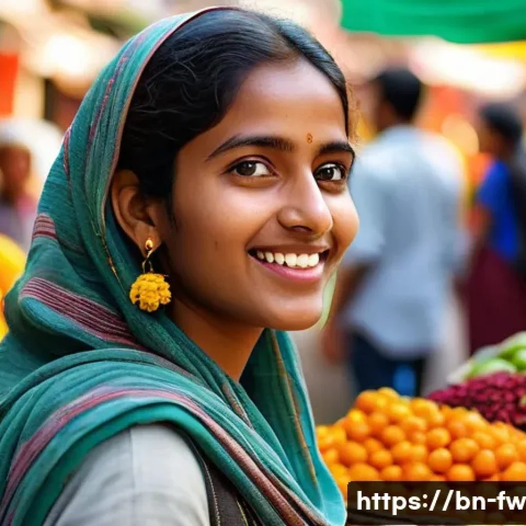문화 충격 대응 전략 경험담 - A young Bengali woman patiently engaging in conversation with diverse locals in a busy foreign marke...