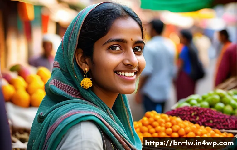 문화 충격 대응 전략  경험담 - A young Bengali woman patiently engaging in conversation with diverse locals in a busy foreign marke...