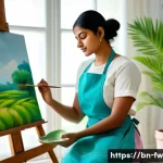 Home 22 문화 충격을 완화하기 위한 예술 치료 접근법 - A serene art therapy session featuring a young Bengali woman painting on a large canvas in a bright,...