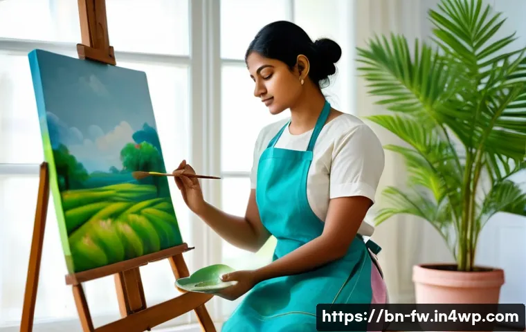문화 충격을 완화하기 위한 예술 치료 접근법 - A serene art therapy session featuring a young Bengali woman painting on a large canvas in a bright,...