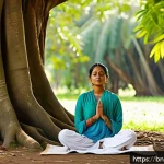 Home 23 문화 충격을 극복하는 긍정적 사고법 - A serene Bengali woman in her late 20s practicing meditation outdoors beneath a large banyan tree, w...