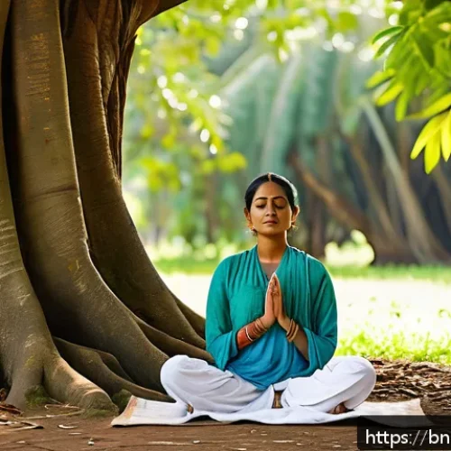 Home 17 문화 충격을 극복하는 긍정적 사고법 - A serene Bengali woman in her late 20s practicing meditation outdoors beneath a large banyan tree, w...