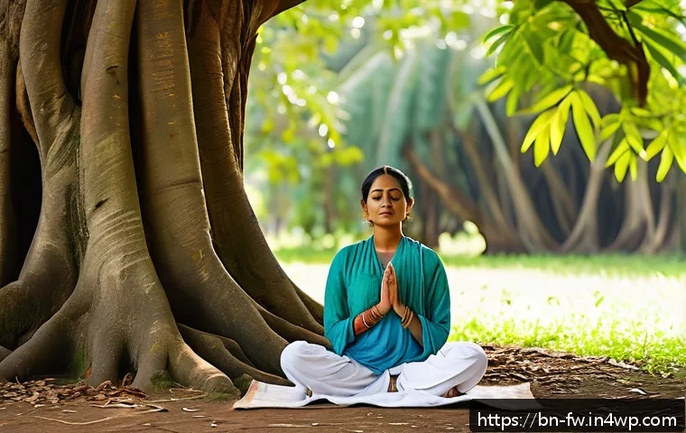문화 충격을 극복하는 긍정적 사고법 - A serene Bengali woman in her late 20s practicing meditation outdoors beneath a large banyan tree, w...